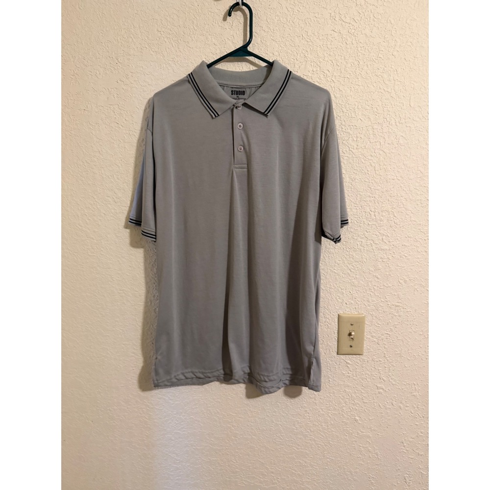 Studio Mens Polo Shirt XL Gray Short Sleeve Striped Trim Cotton Blend Casual